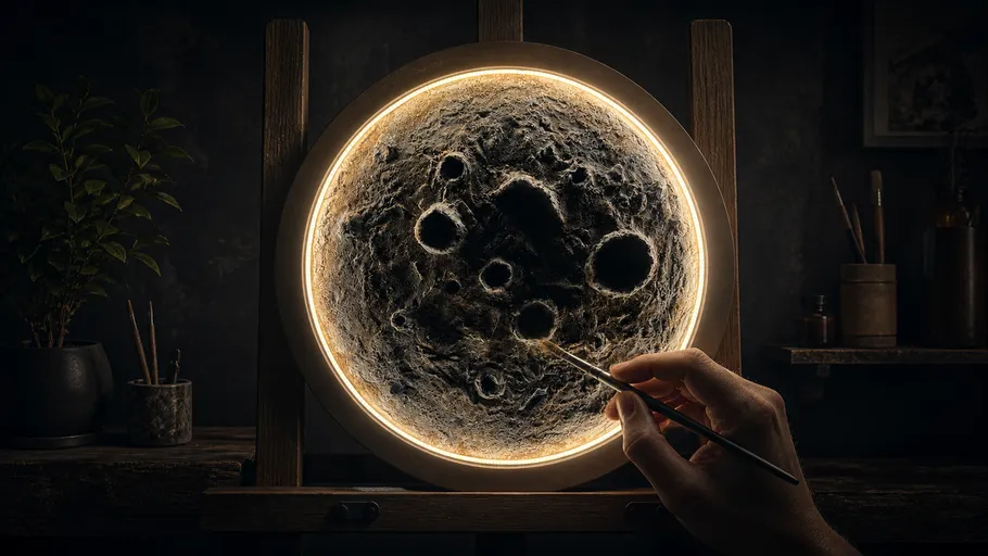 Hand painting a moon model on an easel.