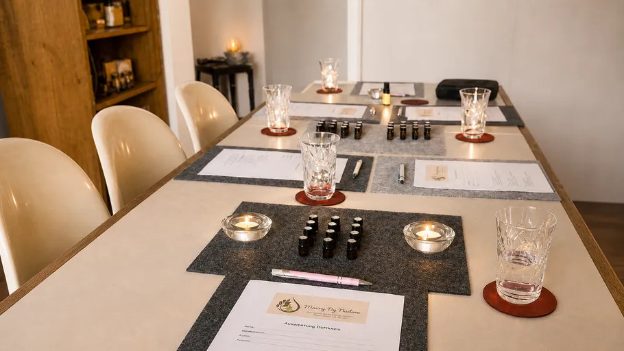 Table set with papers, essential oils, candles.