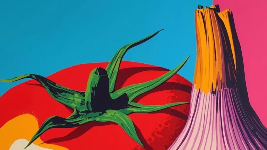 Colorful painting of tomato and garlic.