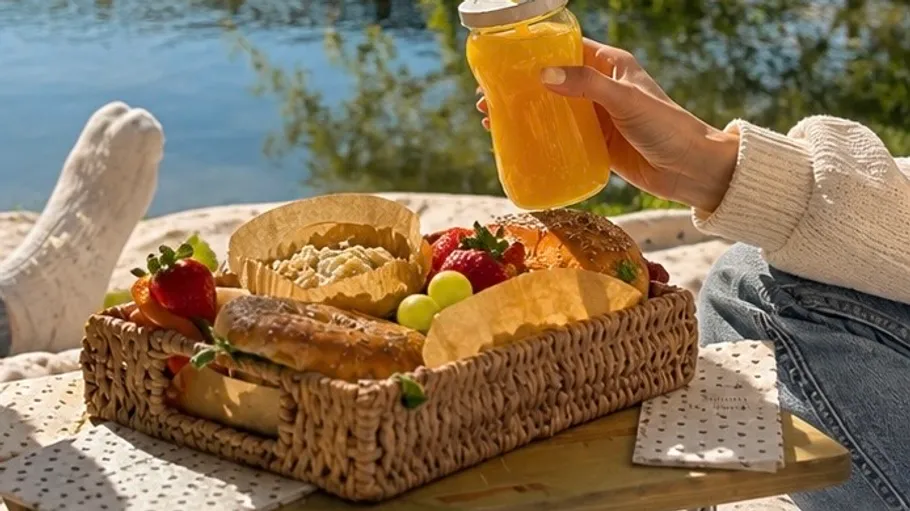 Picnic basket with food and drink by a lake.