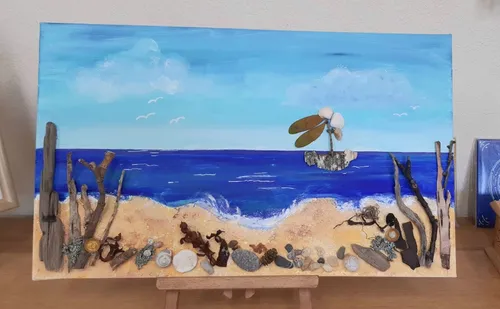 Mixed-media beach scene with ocean and driftwood.