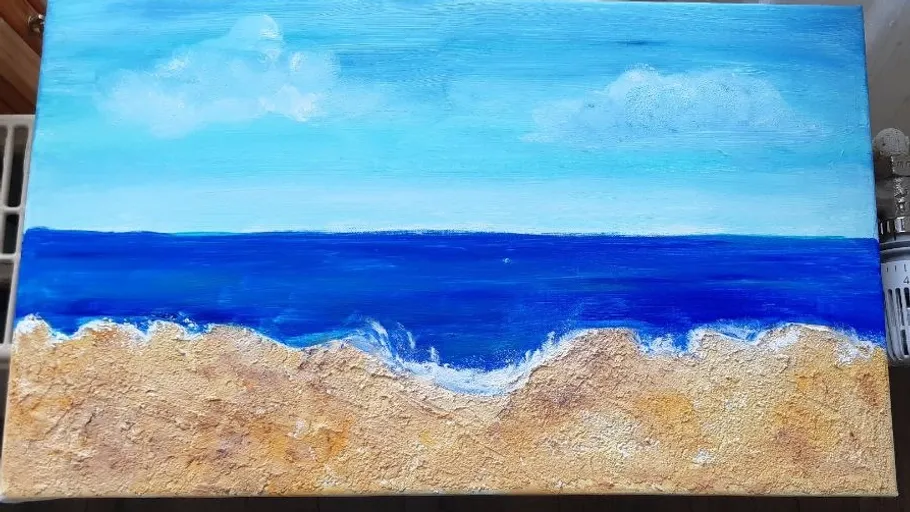 Meereslandschaftsgemälde mit Strand und blauem Himmel.
