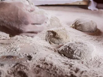 Hands form dough balls on a floured surface.