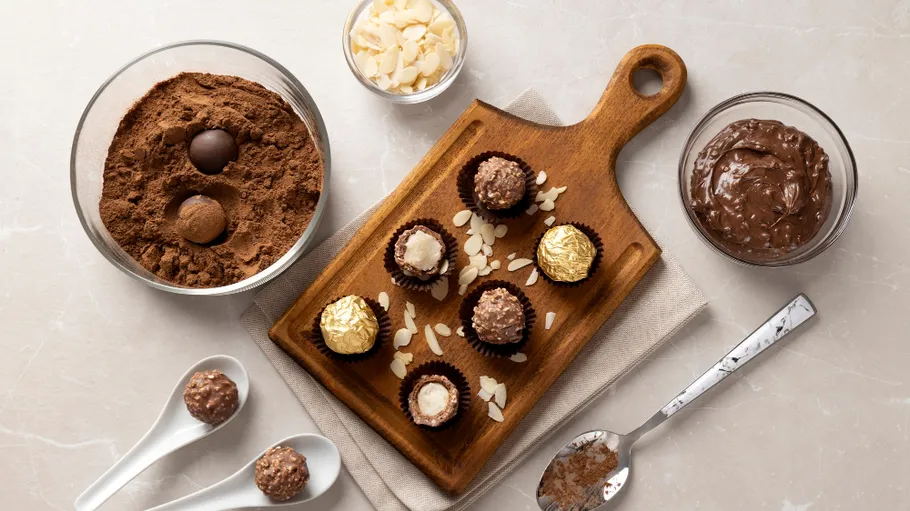 Chocolates on a wooden board with ingredients.