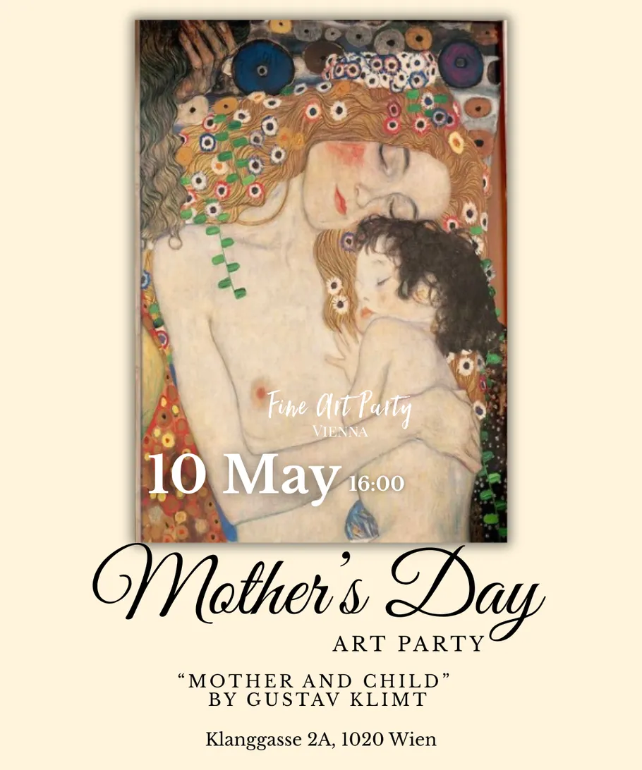 Mutter umarmt Kind in Klimts Kunstwerk.