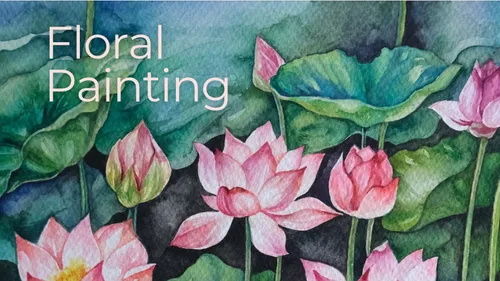 Lotus flowers painted in watercolor with lush leaves.