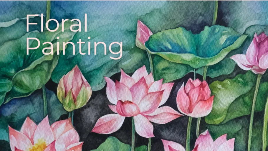 Lotusblumen in Aquarell mit üppigen Blättern gemalt.