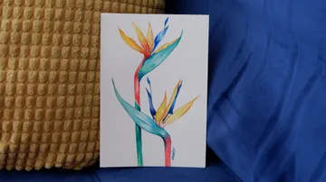 Gemälde von bunten Blumen auf blauen und gelben Kissen.