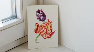 Floral painting of tulips on a windowsill.