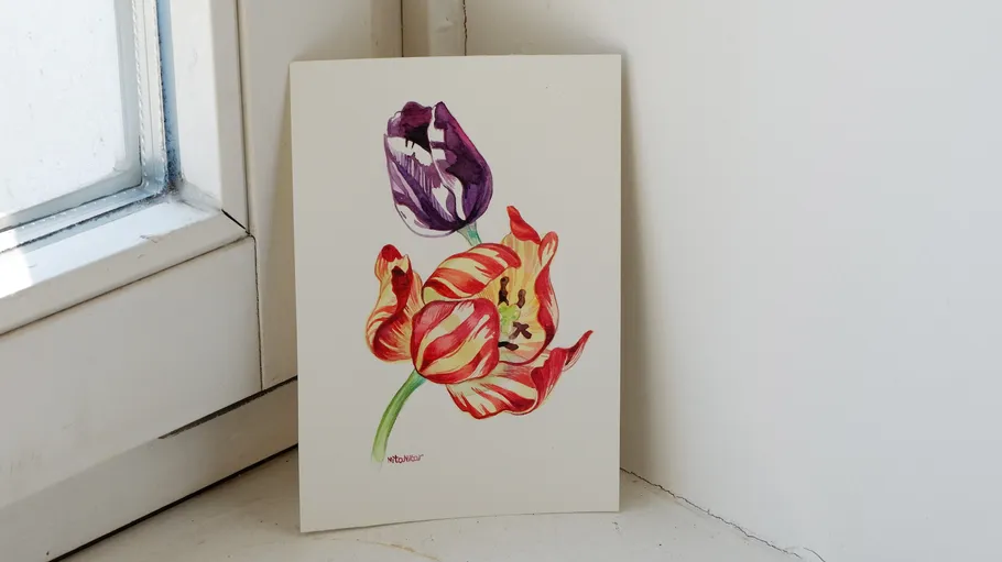 Blumenmalerei von Tulpen auf einer Fensterbank.