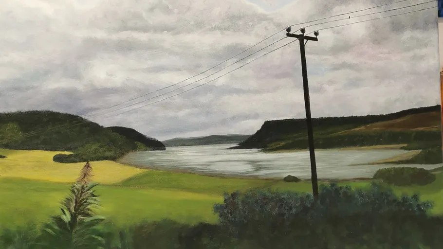 Landscape with telephone pole by lake.