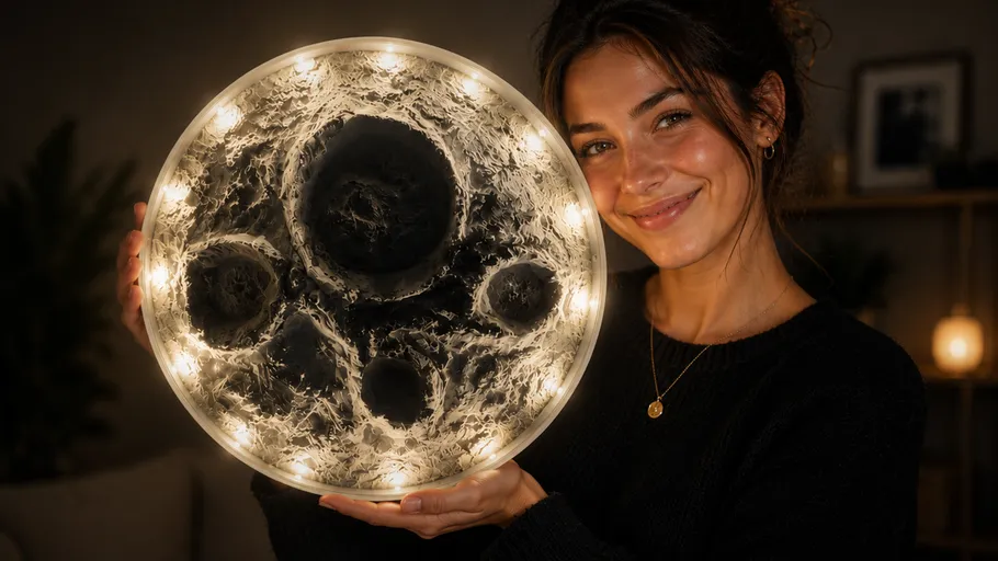 Woman holds illuminated moon-like art piece indoors.