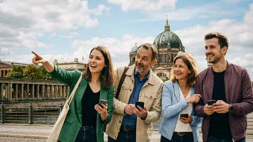 Group of people sightseeing with smartphones, outdoors.