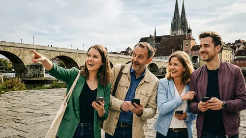 Group tourists with phones near historic bridge.