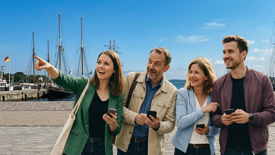 Four people holding phones, standing by ships.