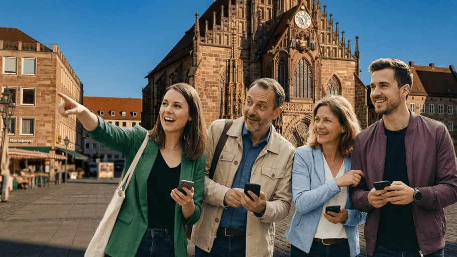 Vier Personen mit Handys vor Kirche.