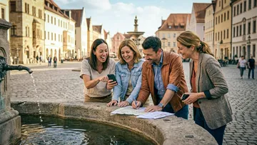 Vier Personen lachen, schauen auf Handy am Brunnen.
