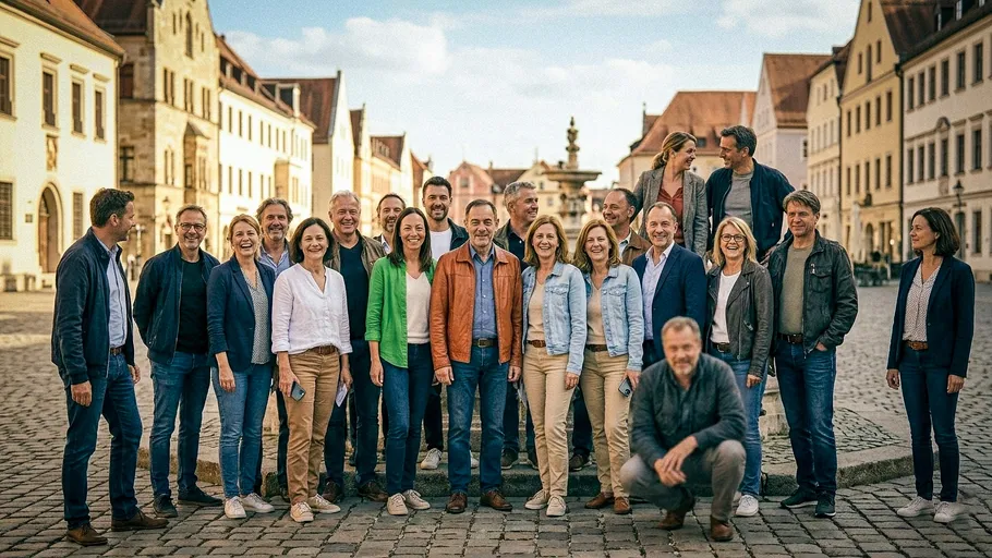 Gruppe von Menschen posiert auf Kopfsteinpflasterstraße.