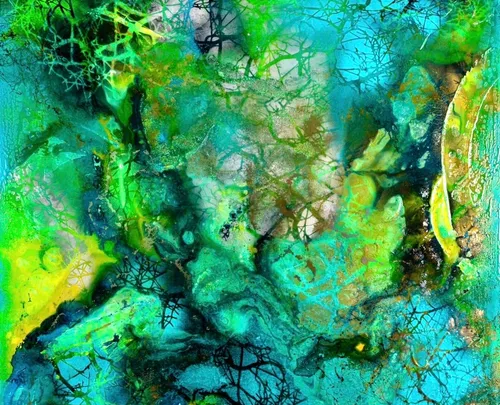 Abstract painting with blue and green tones.
