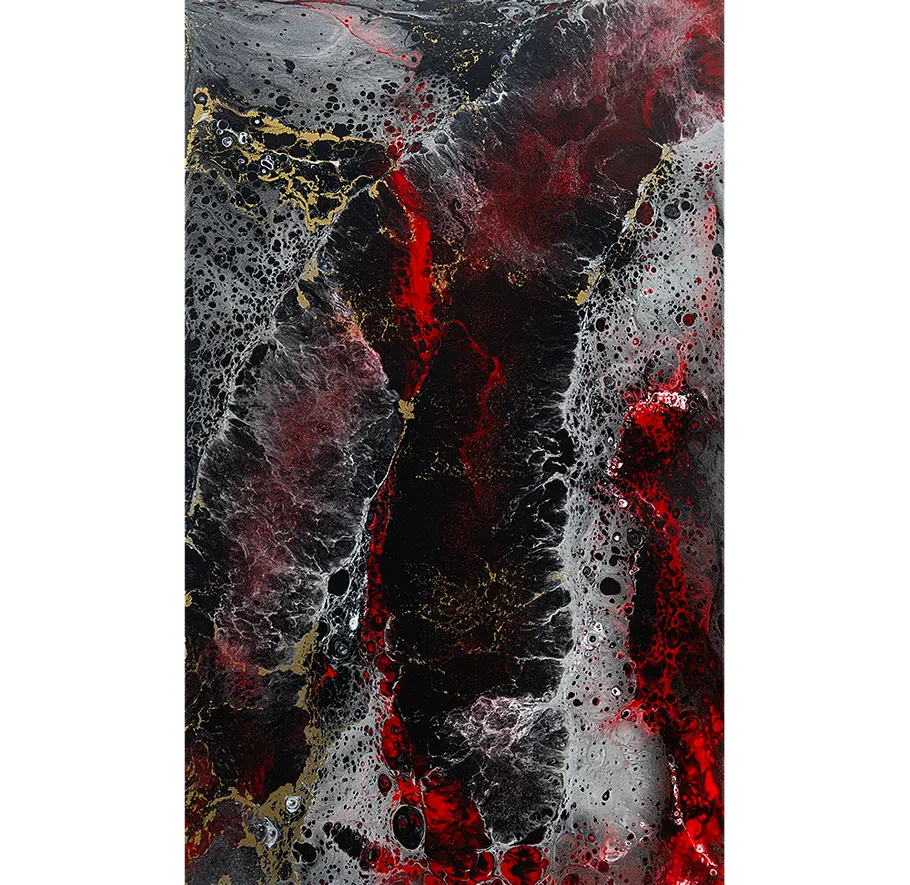 Abstrakte Kunst mit Rot-, Schwarz- und Grautönen.