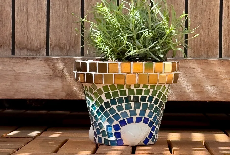 Mosaiktopf mit Pflanze auf Holzoberfläche.