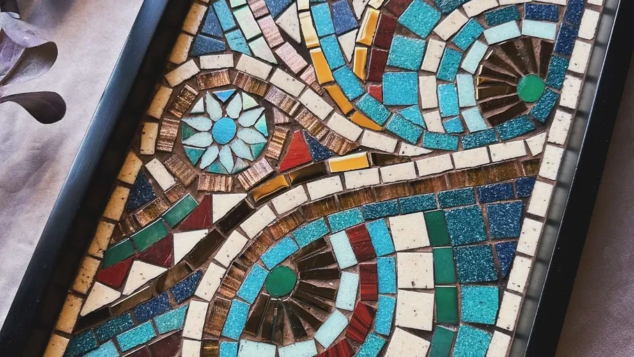 Colorful mosaic art with geometric patterns displayed.