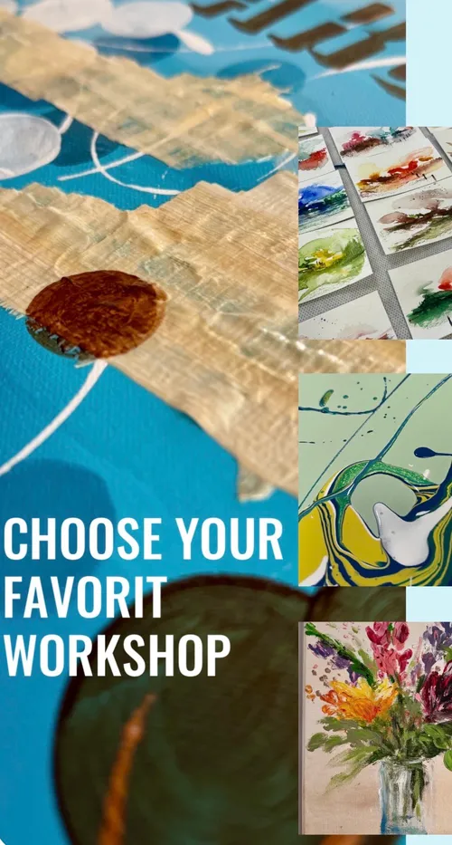 Collage von Gemälden und Text 'Choose Your Favorite Workshop'.