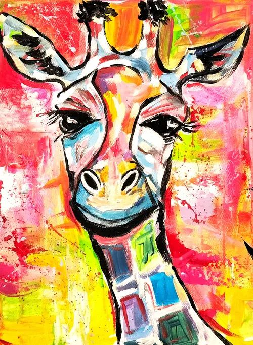Buntes Giraffen-Gemälde mit lebhaftem Hintergrund.