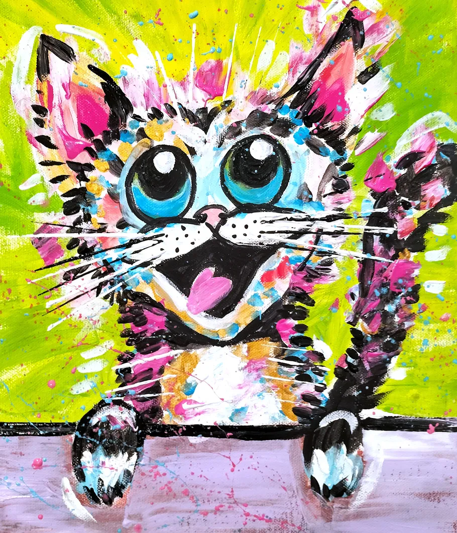 Colorful cat painting with large eyes, vibrant background.