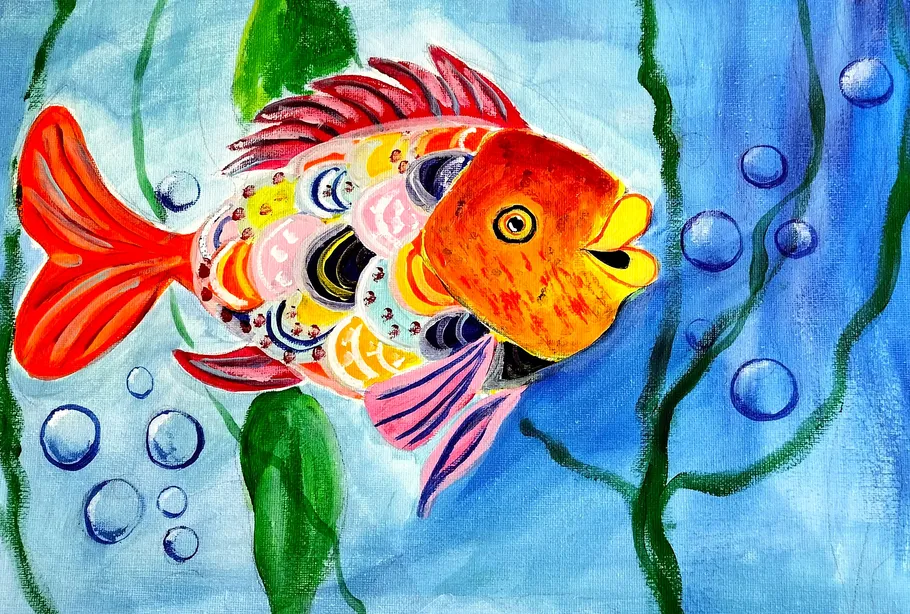 Colorful fish swimming among bubbles and seaweed.