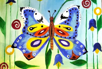 Bunter Schmetterling zwischen Blumen gemalt.