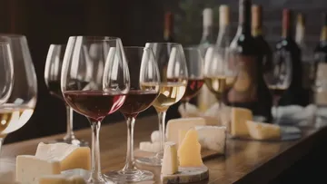 Wine glasses with cheese on a wooden table.