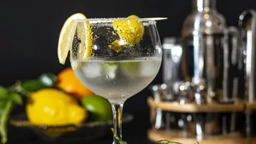 Cocktailglas mit Zitronen-Deko, Barwerkzeug dahinter.