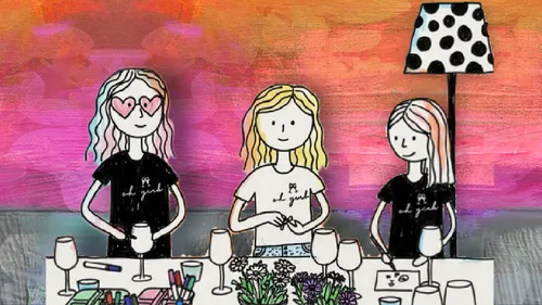 Three cartoon women seated at a table indoors.
