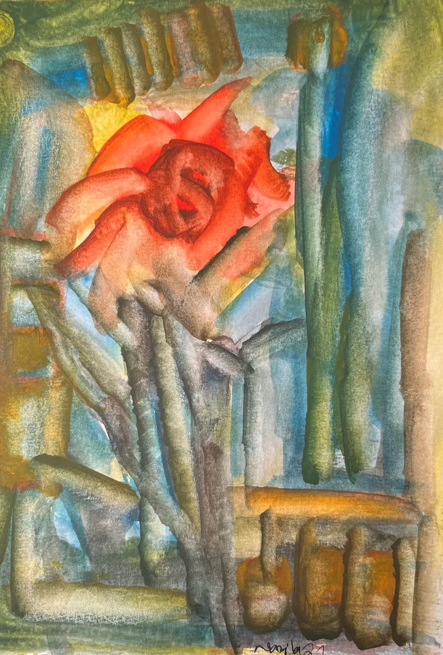 Abstraktes Gemälde mit rosenförmiger Figur und Texturen.