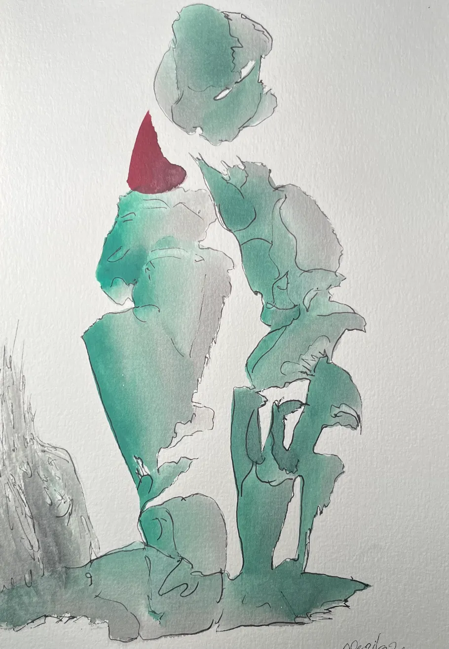 Abstrakte Aquarellkunst mit grünen Formen.
