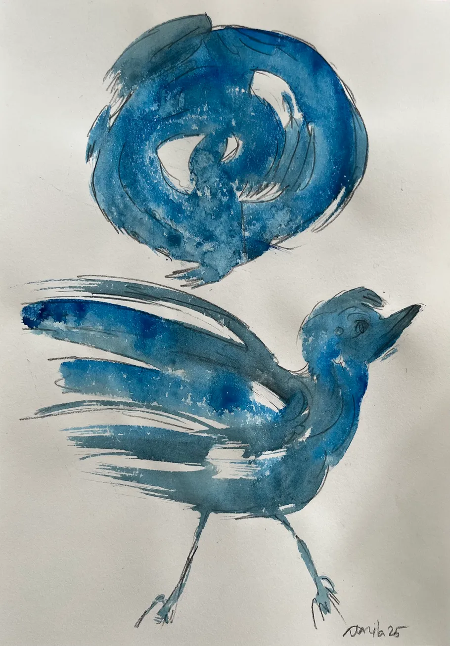 Blauer Vogel und abstrakter Wirbel auf Papier.