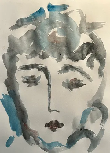 Abstraktes Gesicht in Aquarell, neutraler Hintergrund.