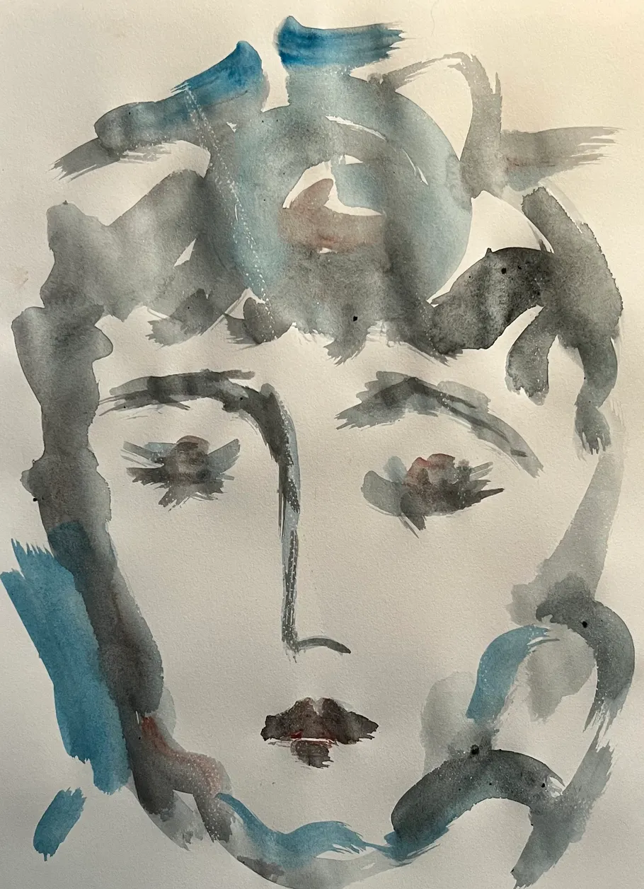 Abstraktes Gesicht in Aquarell, neutraler Hintergrund.