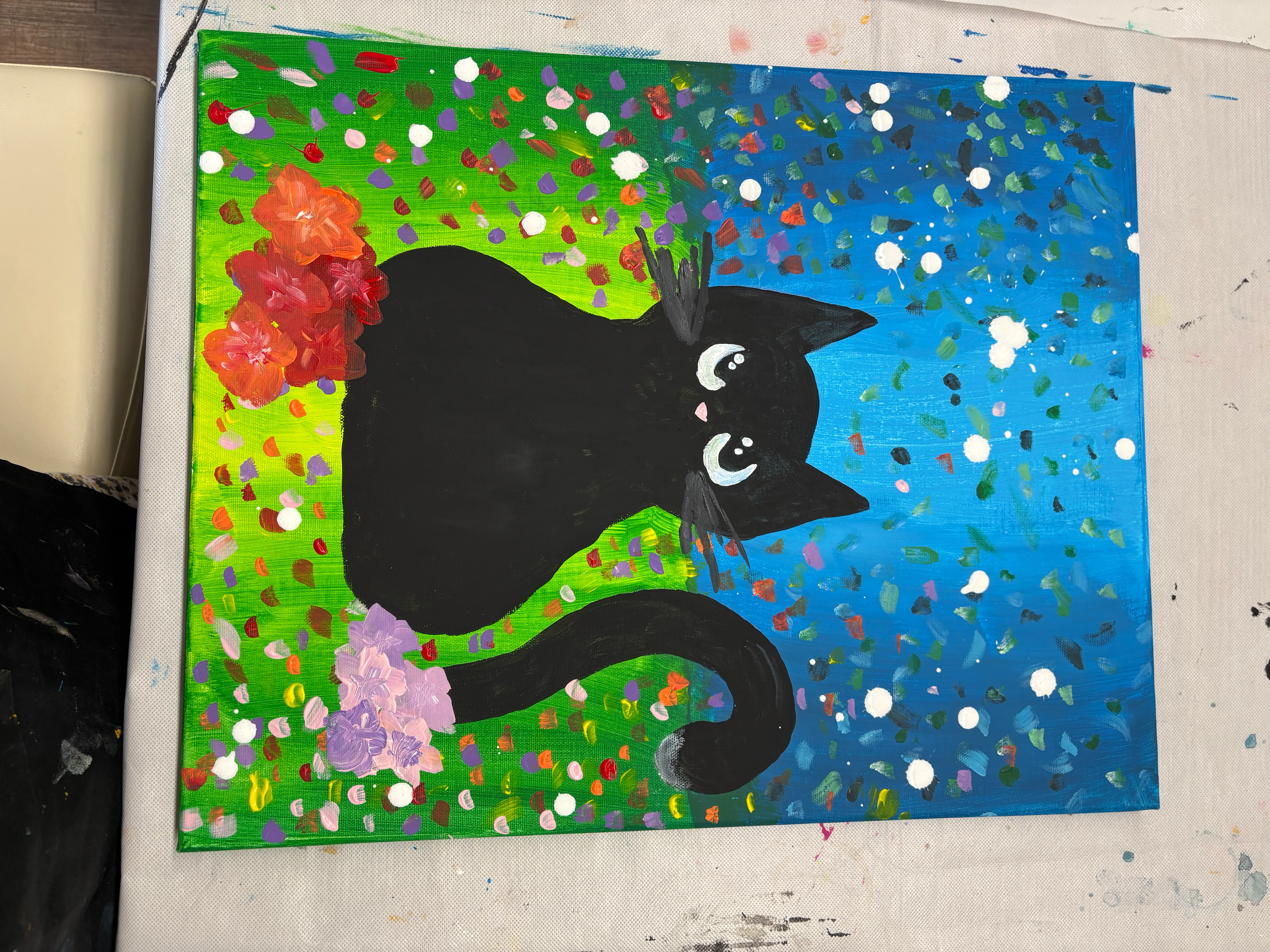 Schwarze Katze auf farbigem Hintergrund gemalt.
