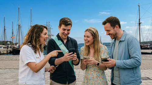 Four people laughing at phones by harbor.