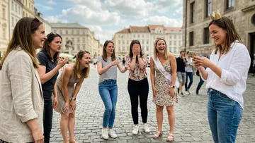 Gruppe Frauen lachen draußen, eine nutzt Handy.
