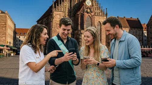 Four people laughing while looking at phones in a square.