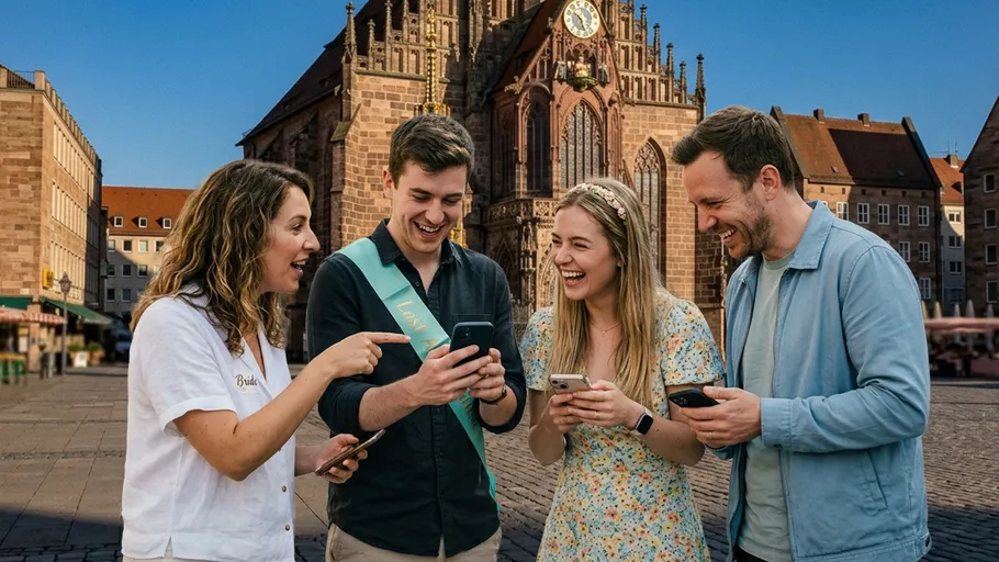 Vier Personen lachen und schauen auf Handys auf einem Platz.