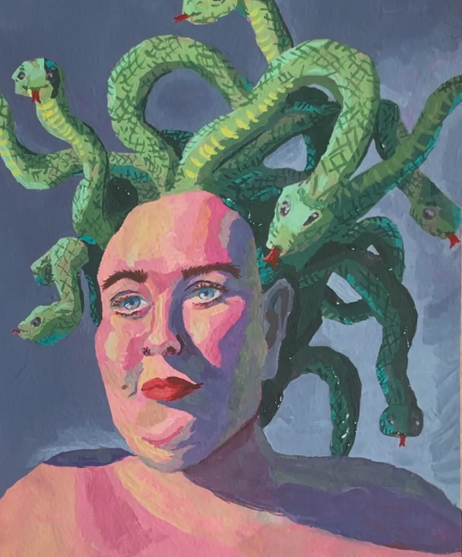 Person mit Schlangen als Haare, bunter Hintergrund.