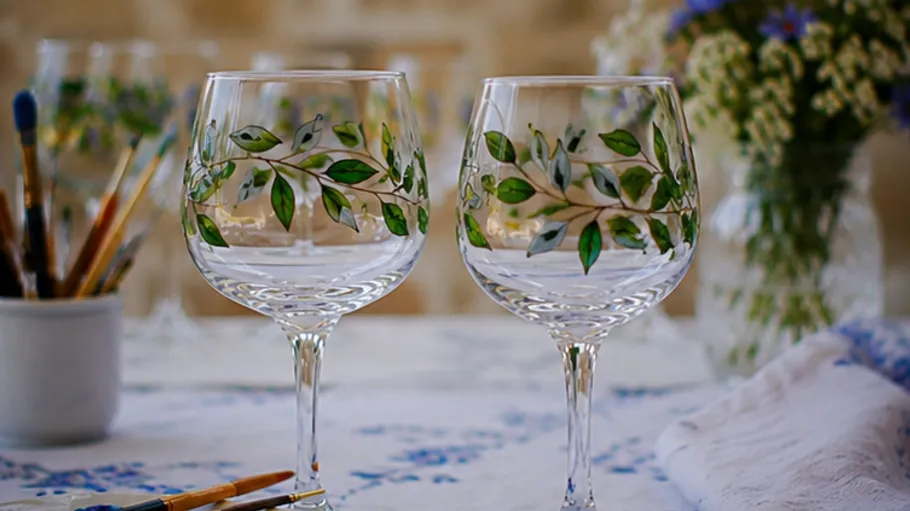 Two decorated wine glasses on table.