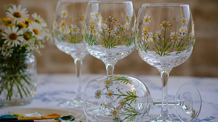 Bemalte Weingläser mit Gänseblümchen auf Tisch.