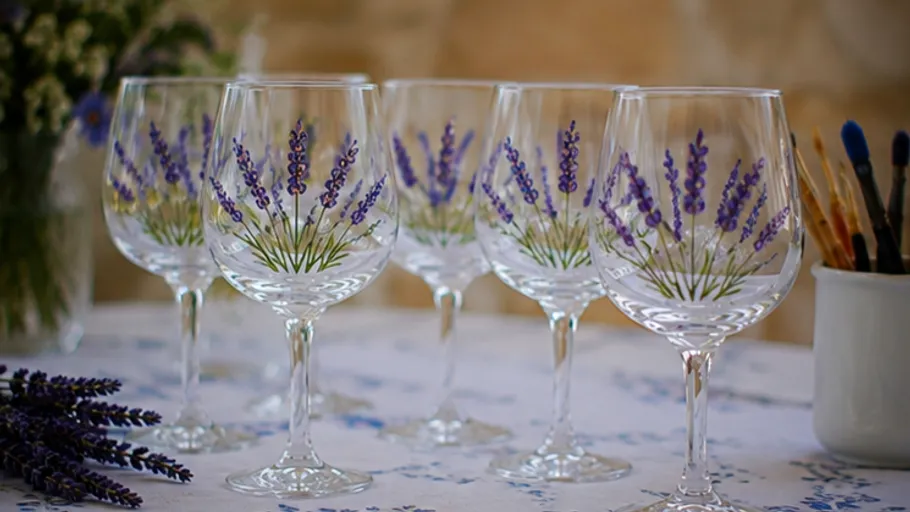 Lavendelbemalte Weingläser auf Blumen-Tischtuch.