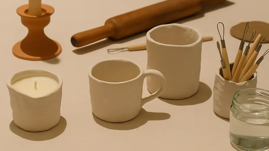 Ceramic items and tools on a table.