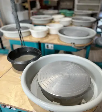 Pottery wheels in a ceramics studio.